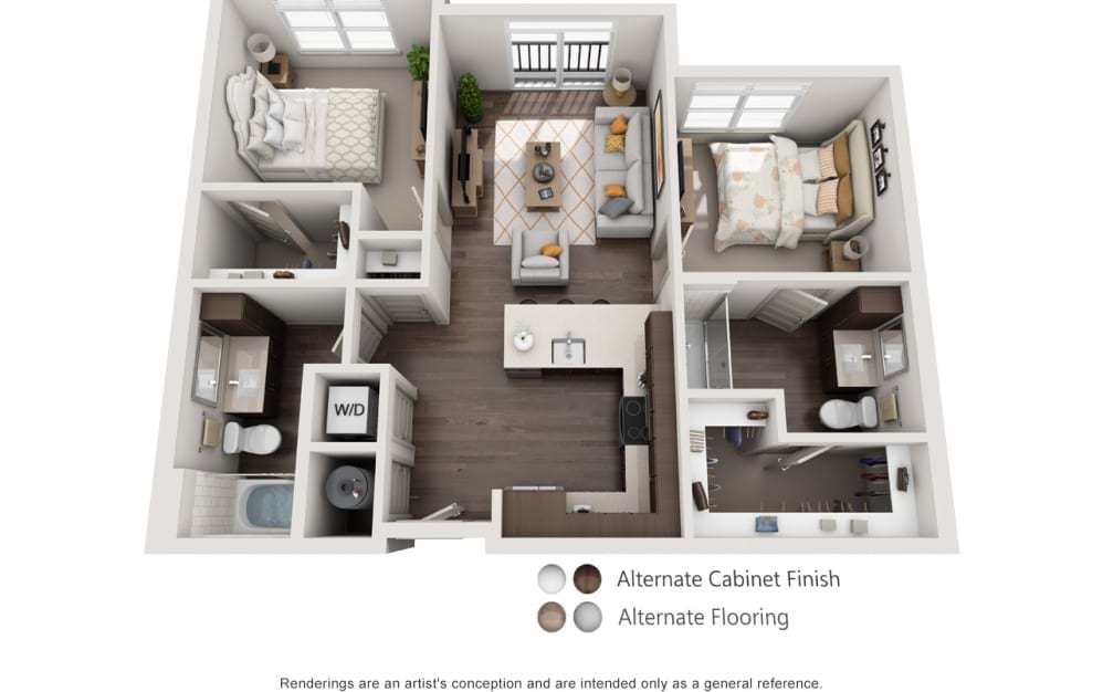 B2F - 2 bedroom floorplan layout with 2 bathrooms and 1110 square feet