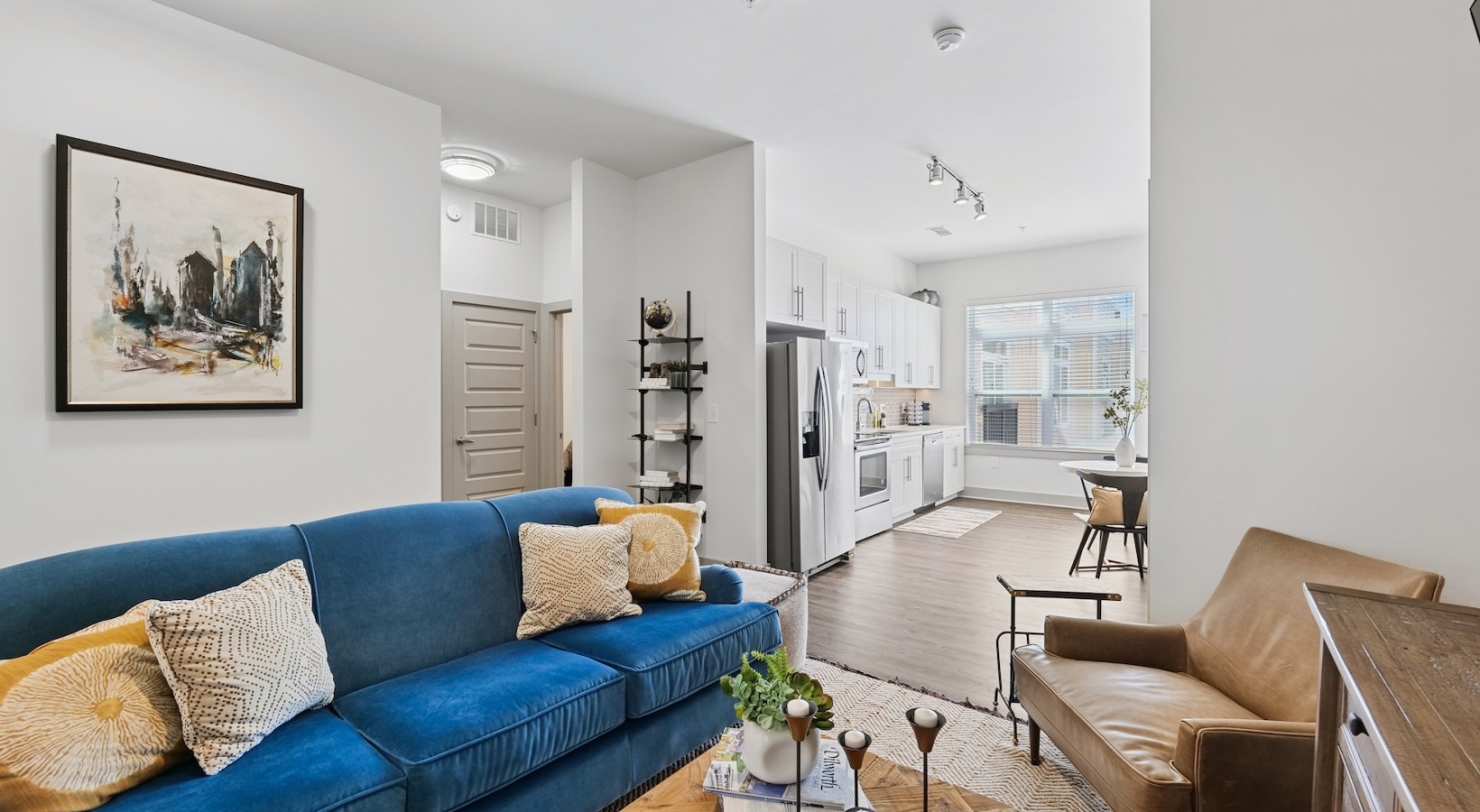 Relax and unwind in stylish living spaces living room with kitchen